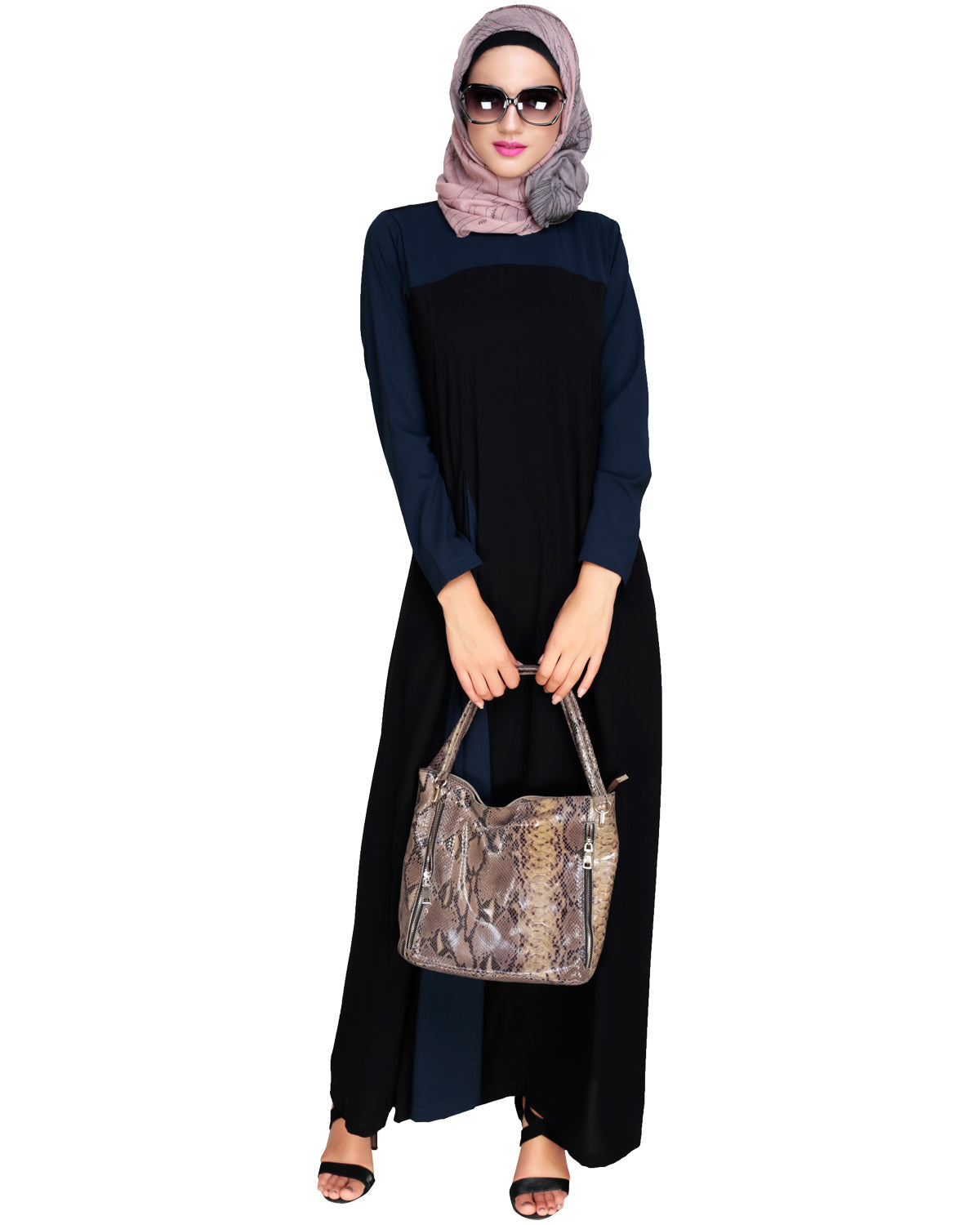 Accordion Side Pleated Abaya Navy Black