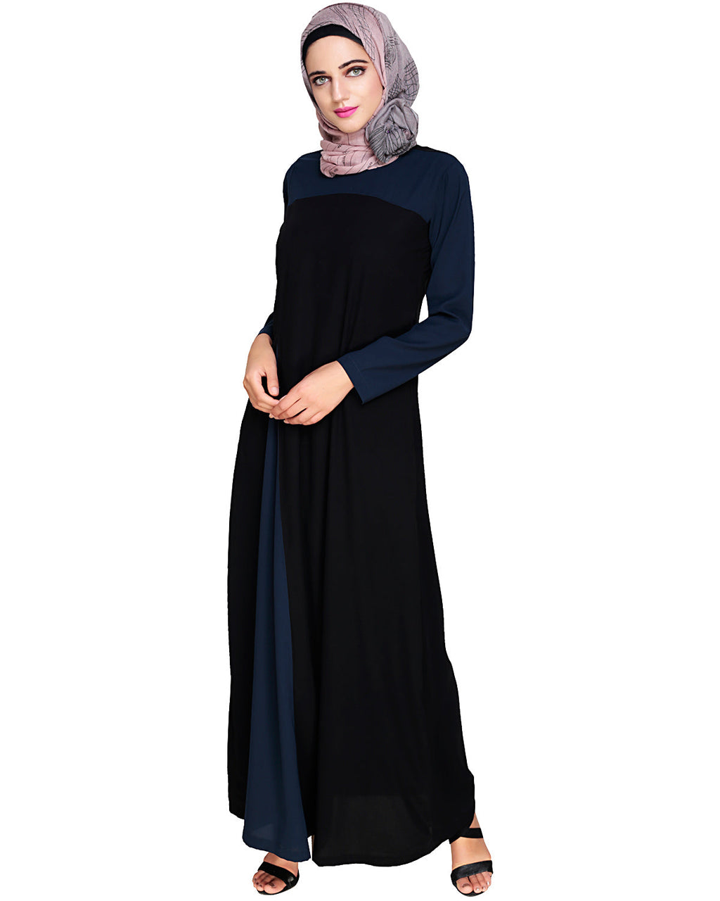 Accordion Side Pleated Abaya Navy Black