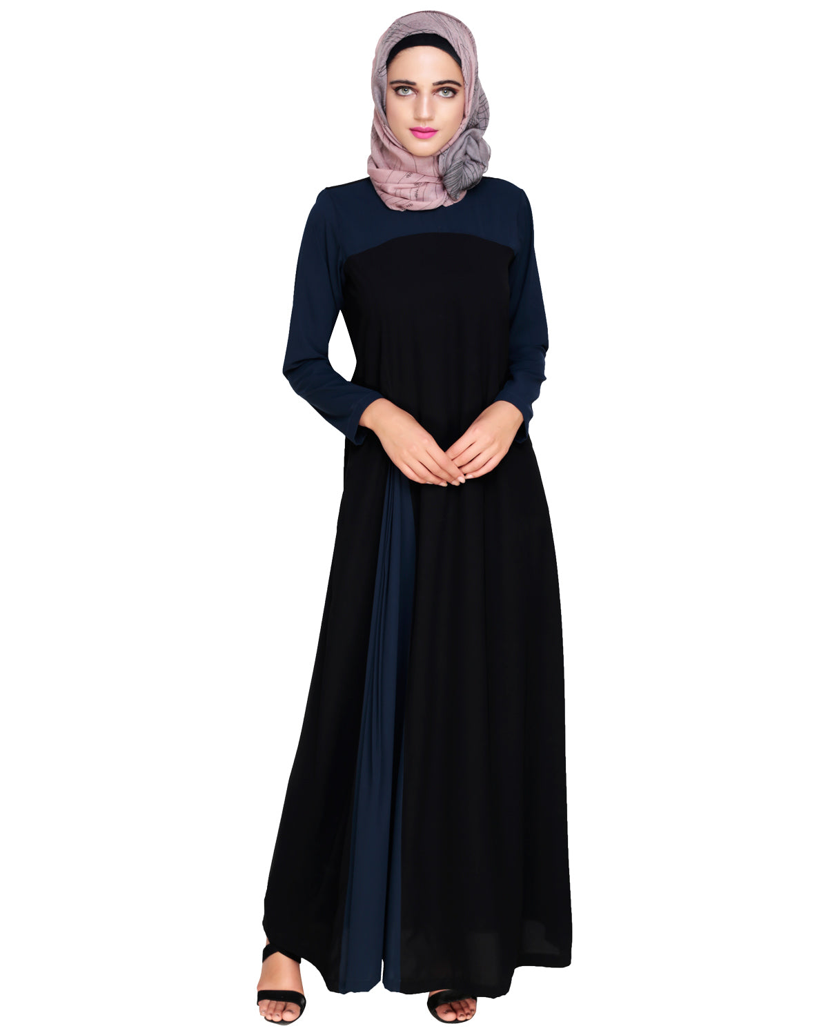 Accordion Side Pleated Abaya Navy Black