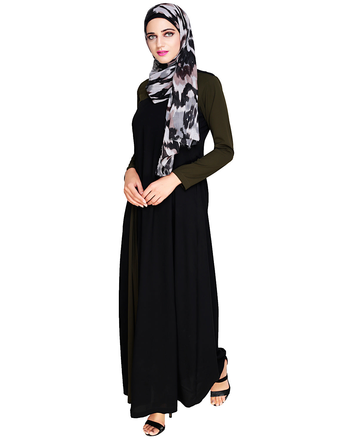 Accordion Side Pleated Abaya Olive Black