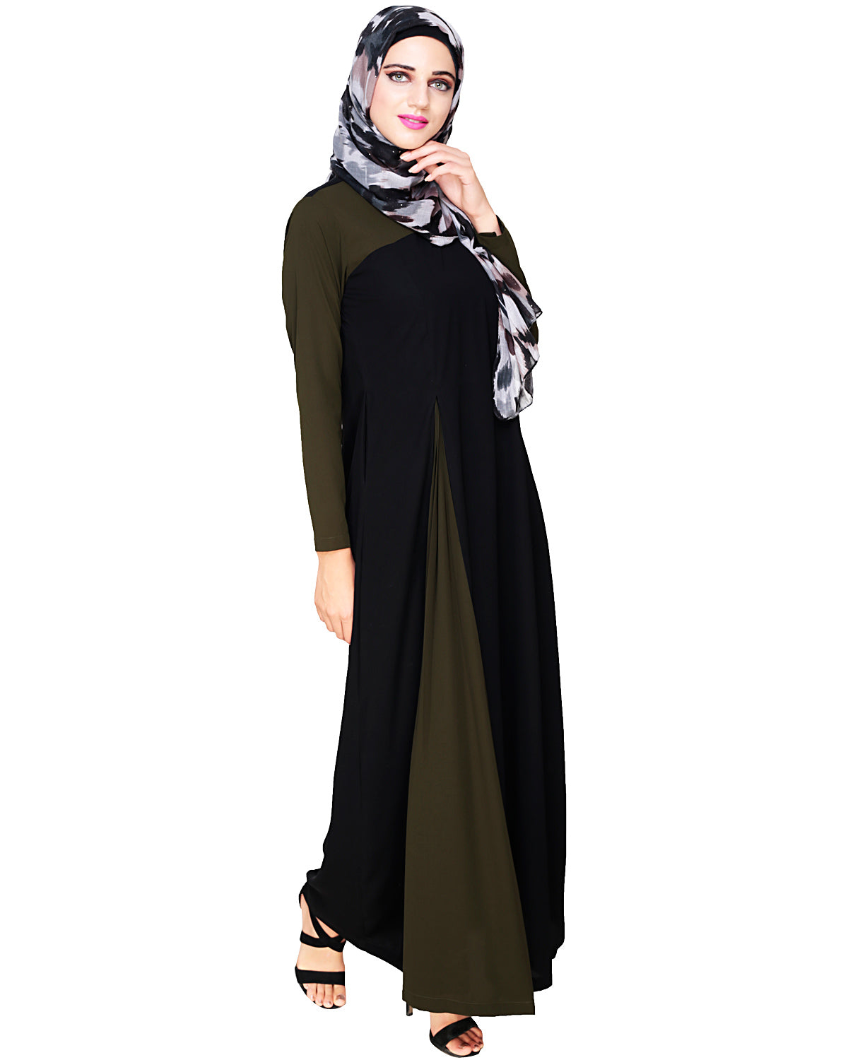 Accordion Side Pleated Abaya Olive Black