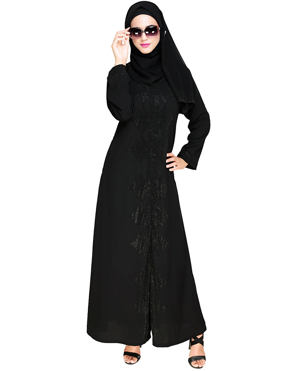 Exquisite Stone Work Stylish Black Dubai Style Abaya Black