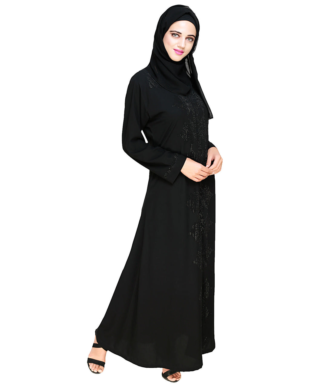 Exquisite Stone Work Stylish Black Dubai Style Abaya Black