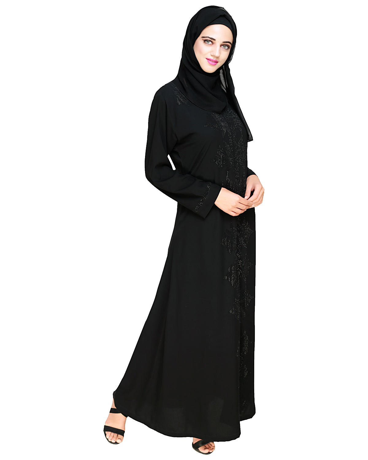 Exquisite Stone Work Stylish Black Dubai Style Abaya Black