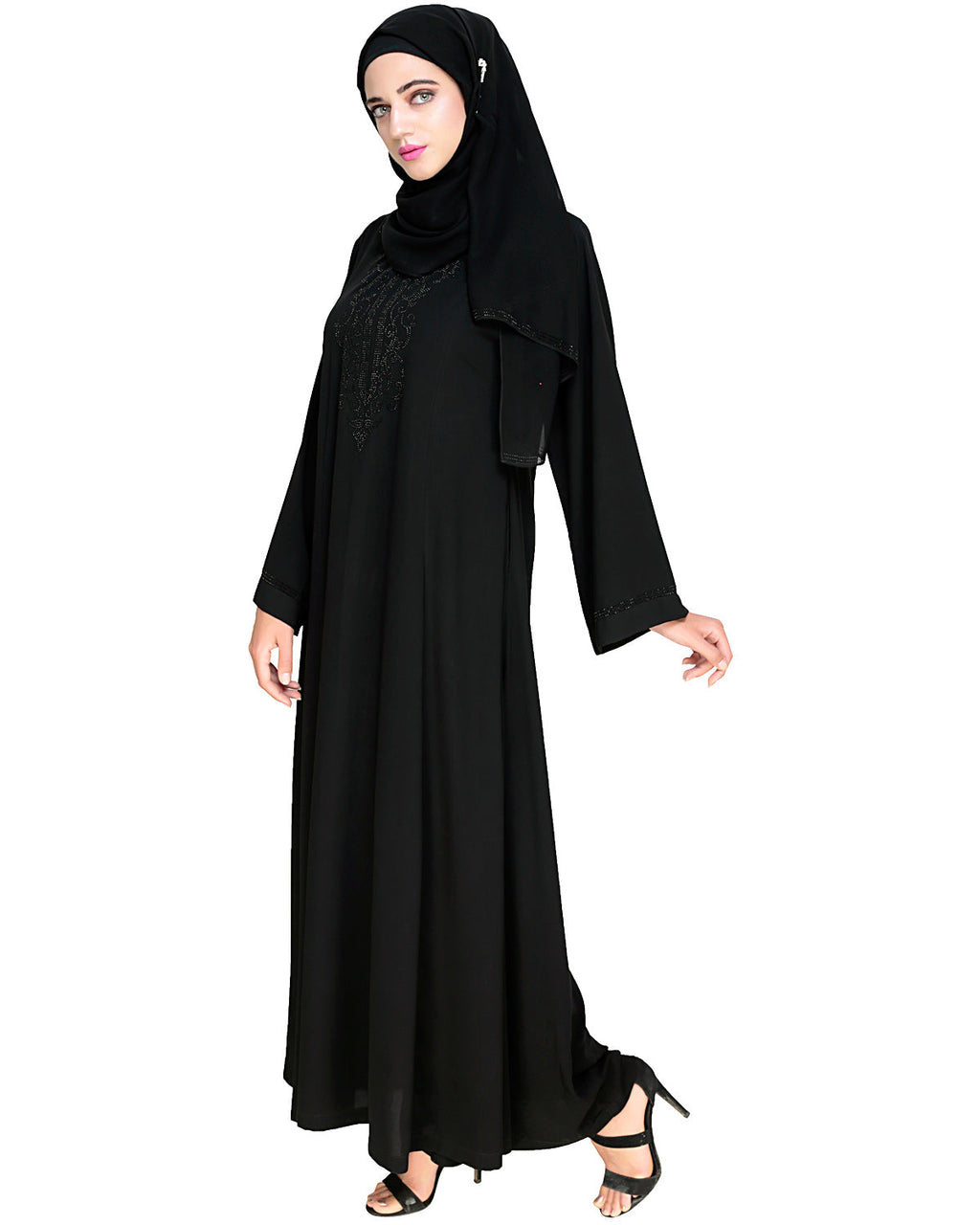 Exquisite Stone Work Designer Black Dubai Style Abaya Black