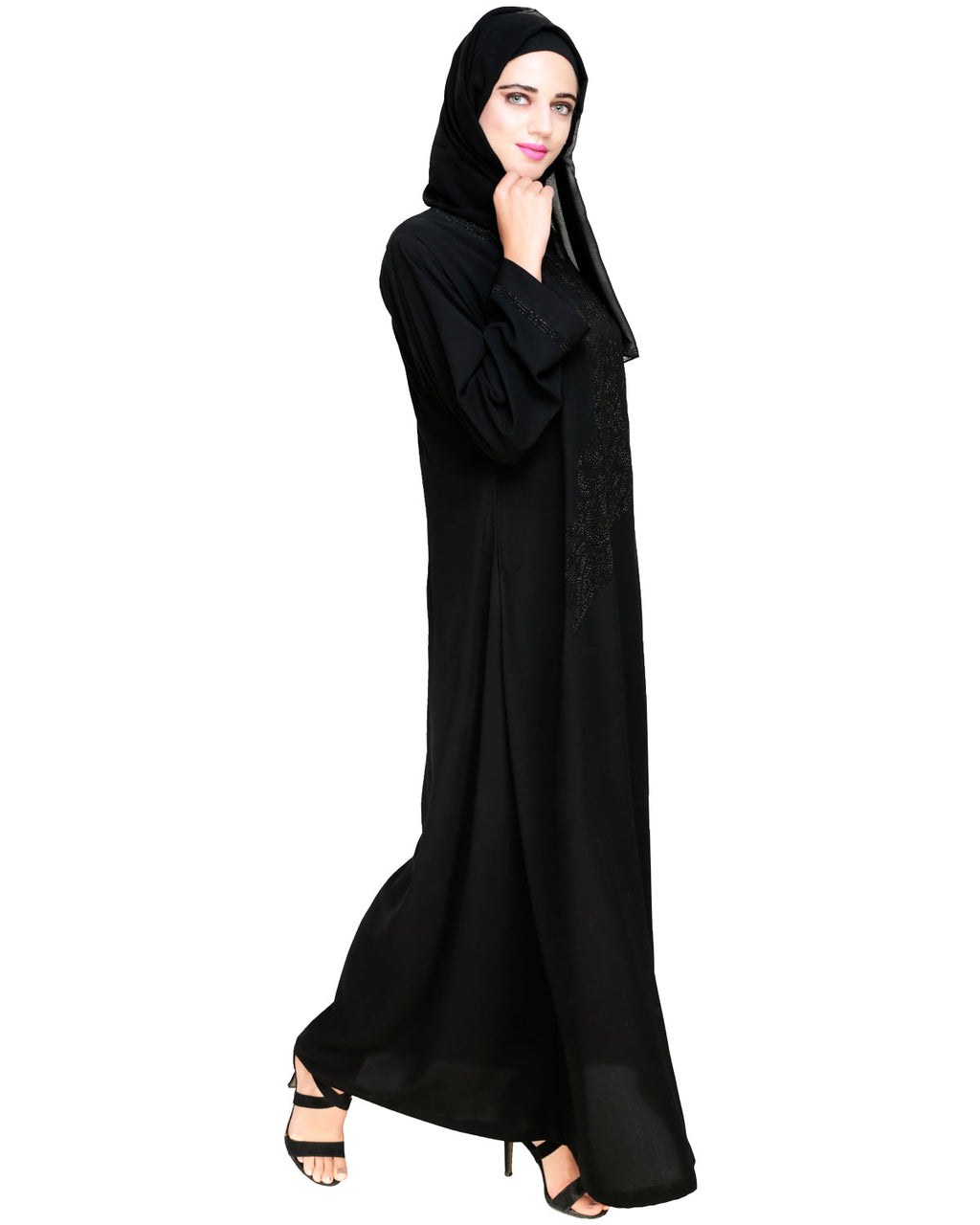 Exquisite Stone Work Sleek Black Dubai Style Abaya Black
