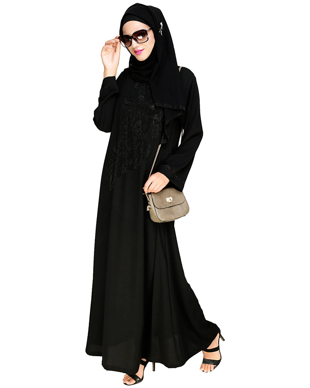 Exquisite Stone Work Sleek Black Dubai Style Abaya Black