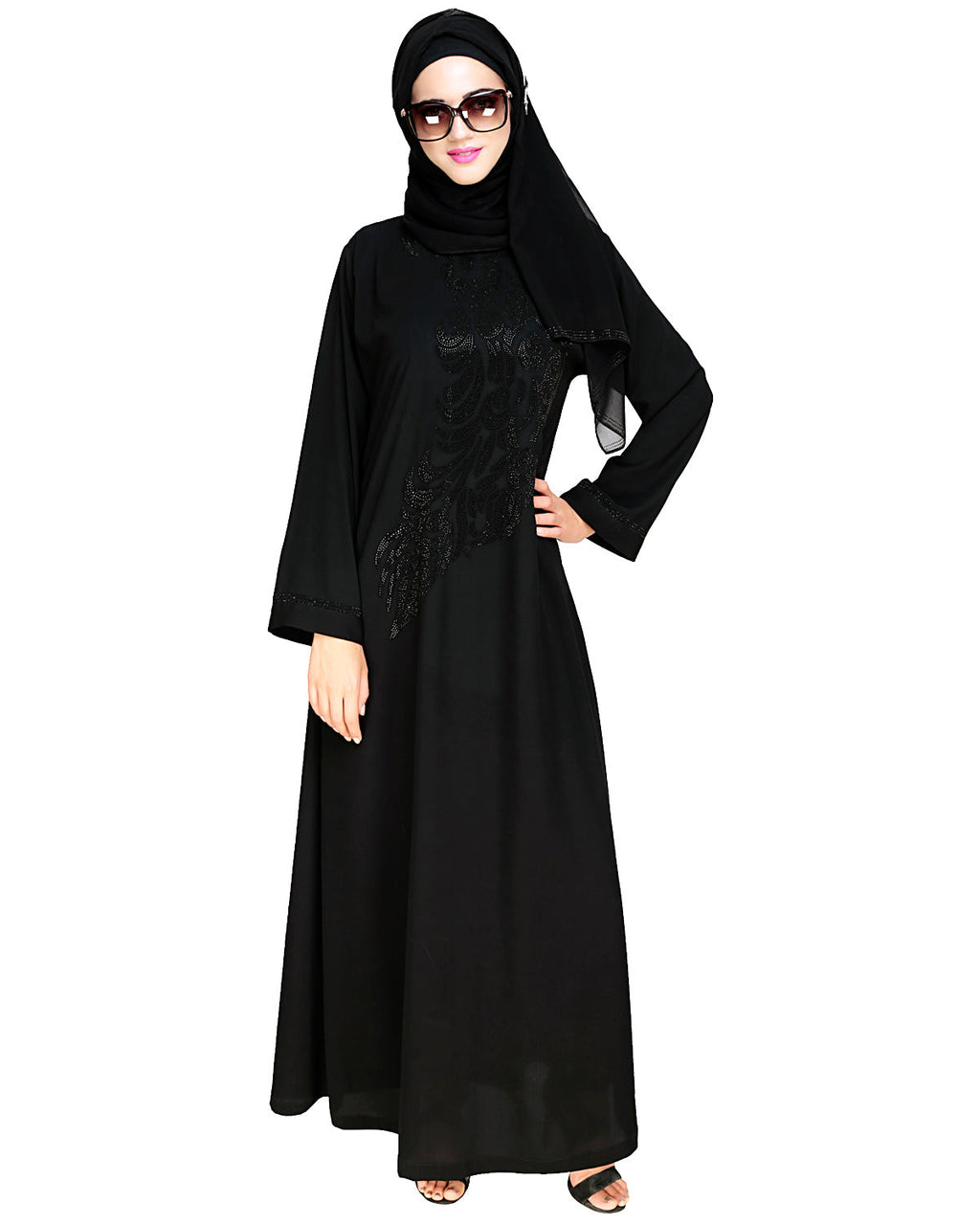 Exquisite Stone Work Sleek Black Dubai Style Abaya Black