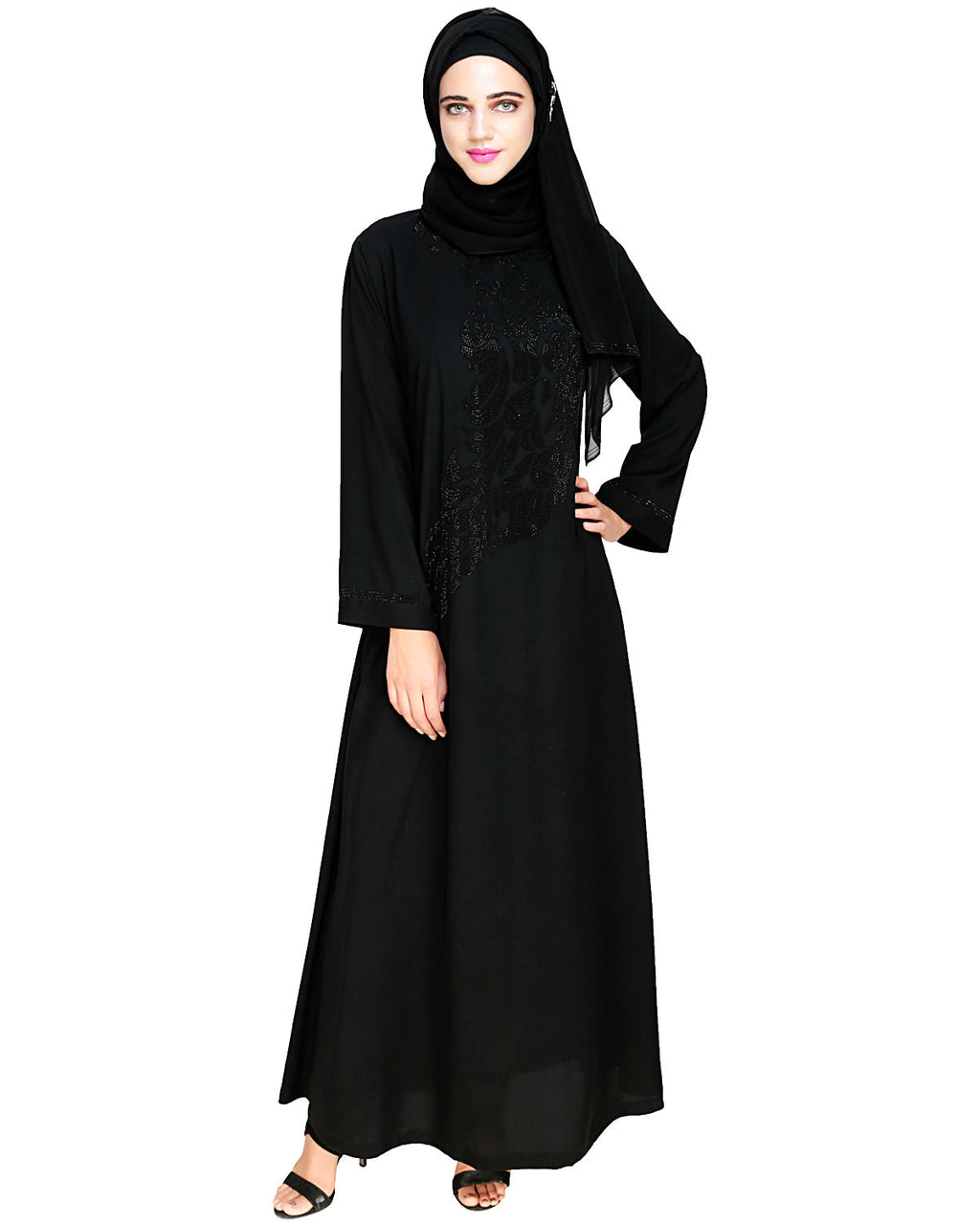 Exquisite Stone Work Sleek Black Dubai Style Abaya Black