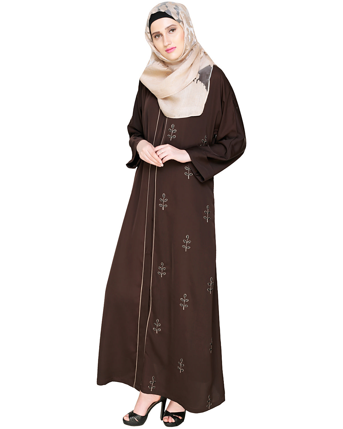 Botanic Beaded Dubai Style Abaya Dark Brown