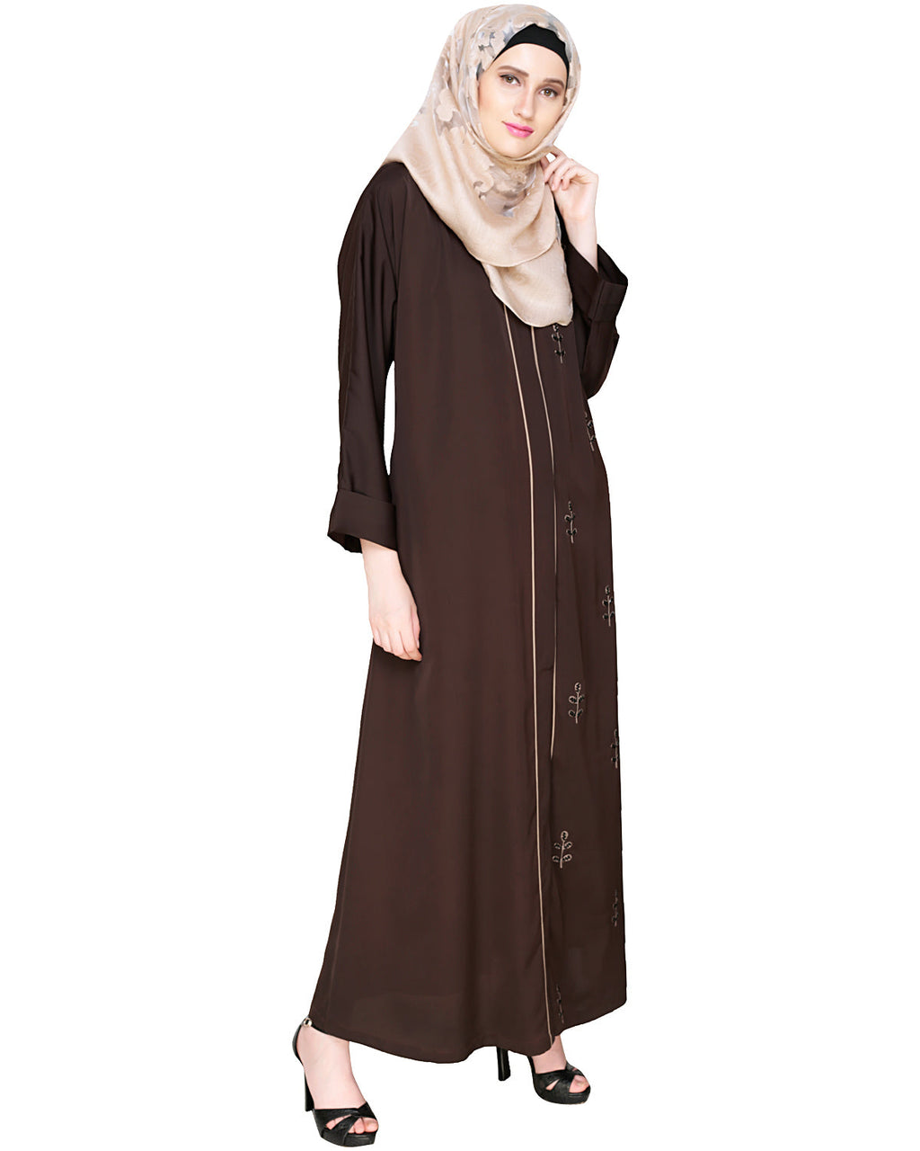 Botanic Beaded Dubai Style Abaya Oak Brown