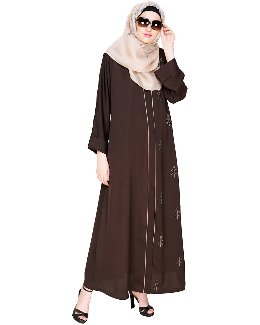 Botanic Beaded Dubai Style Abaya Oak Brown