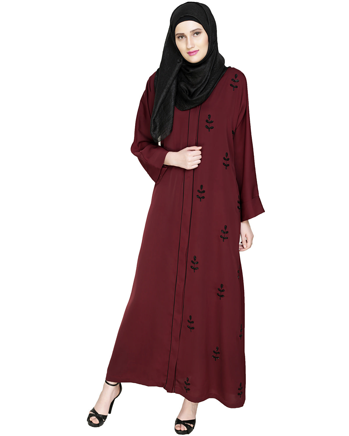 Botanic Beaded Dubai Style Abaya Deep Wine