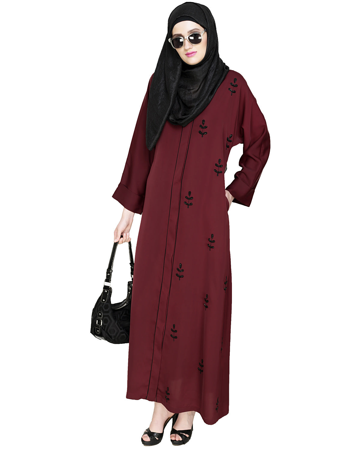 Botanic Beaded Dubai Style Abaya Oak Brown