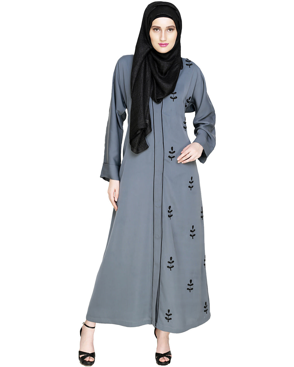 Botanic Beaded Dubai Style Abaya Grey
