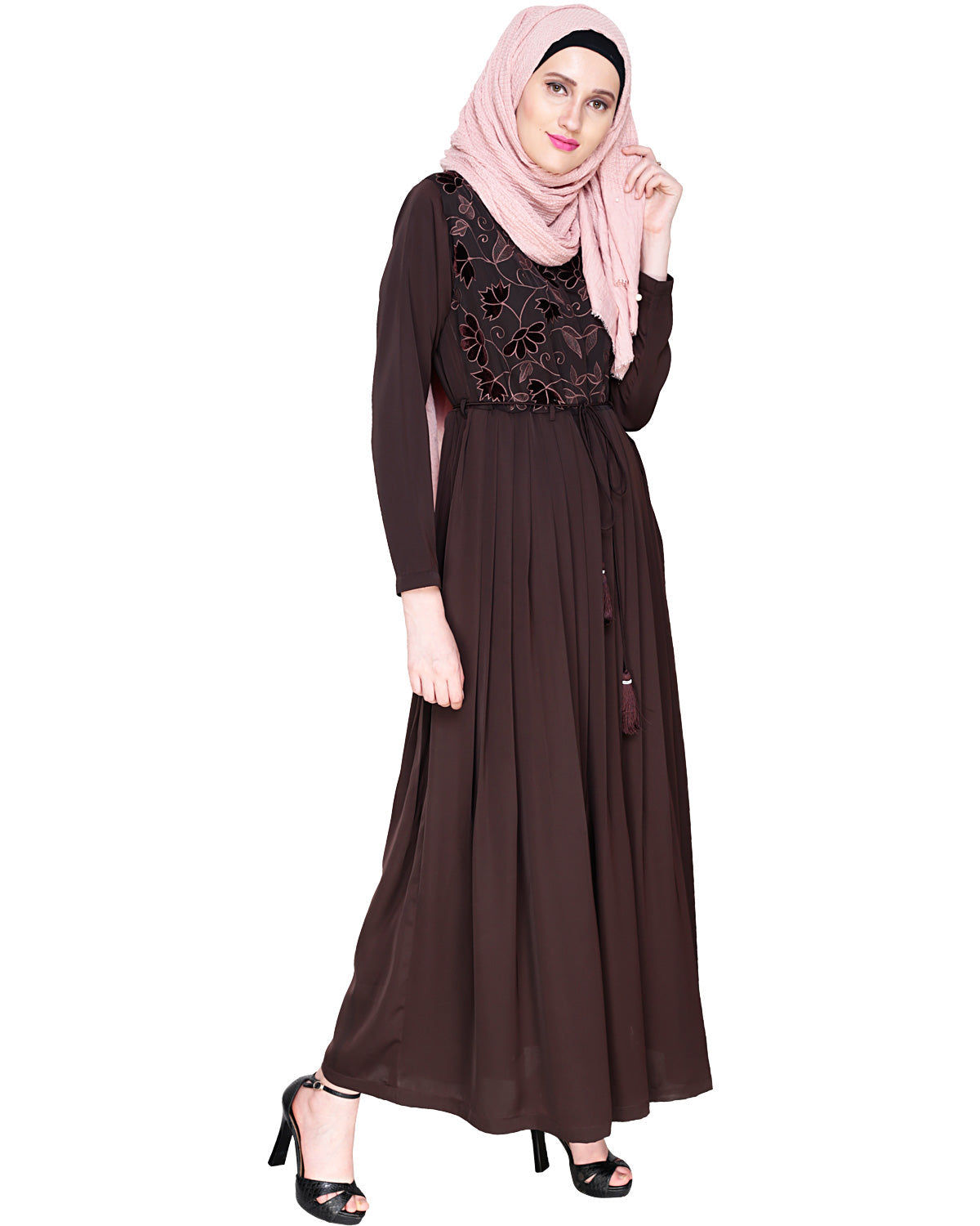 Sylvan Pleated Dubai Style Abaya Brown S