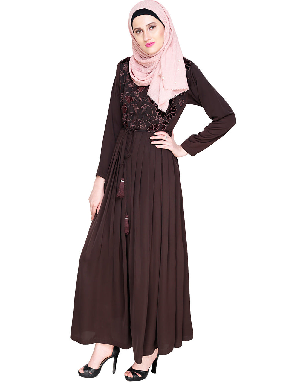 Sylvan Pleated Dubai Style Abaya Brown S