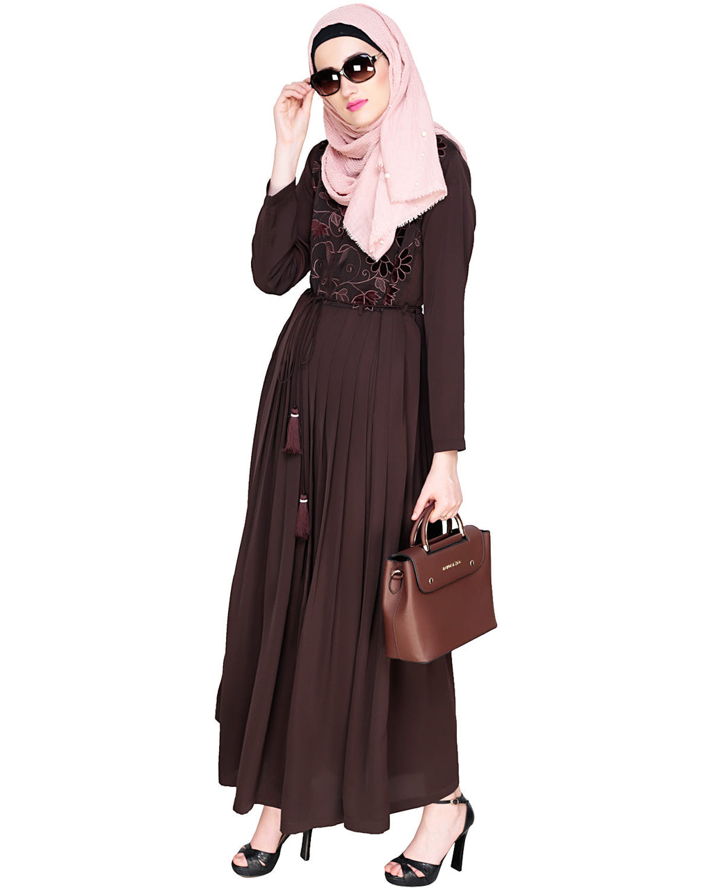Sylvan Pleated Dubai Style Abaya Brown S