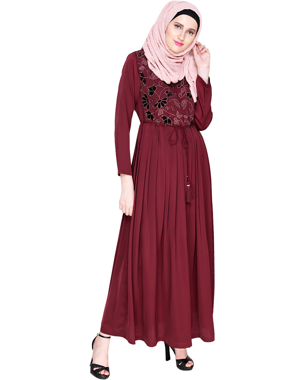 Sylvan Pleated Dubai Style Abaya Wine S