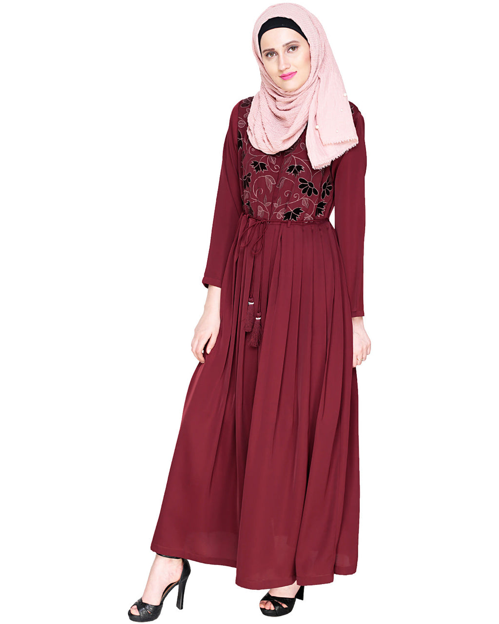 Sylvan Pleated Dubai Style Abaya Wine S