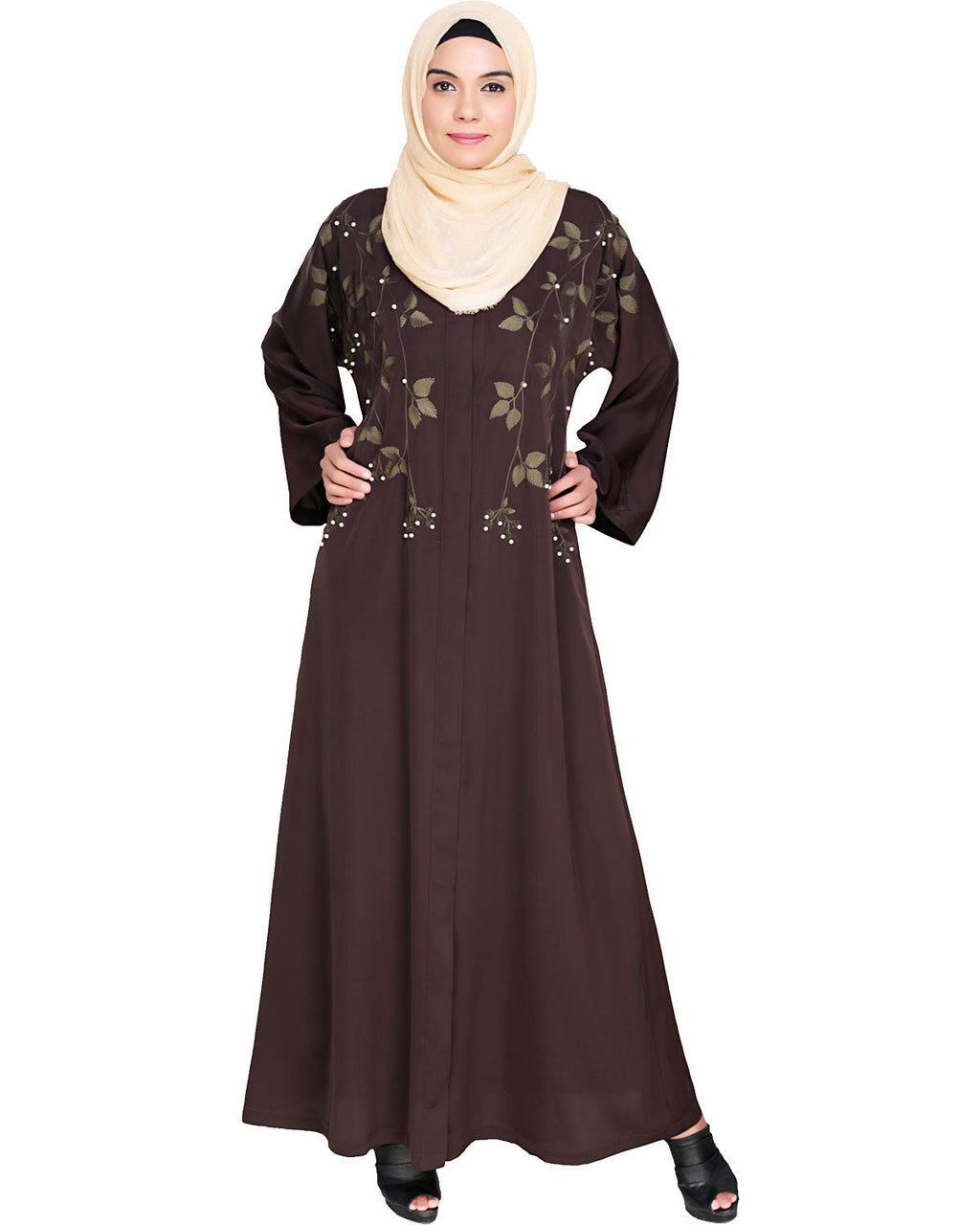 Pearl and Flora Embroidered Dubai Style Abaya Dark Brown