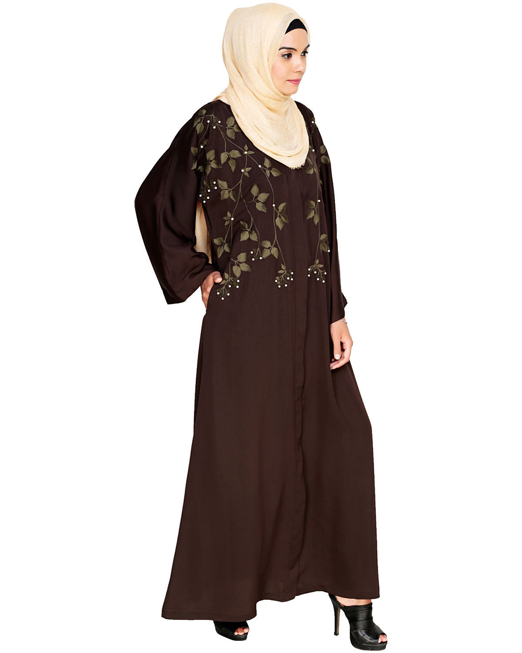 Pearl and Flora Embroidered Dubai Style Abaya Dark Brown