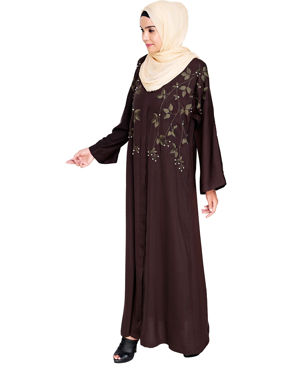 Pearl and Flora Embroidered Dubai Style Abaya Dark Brown