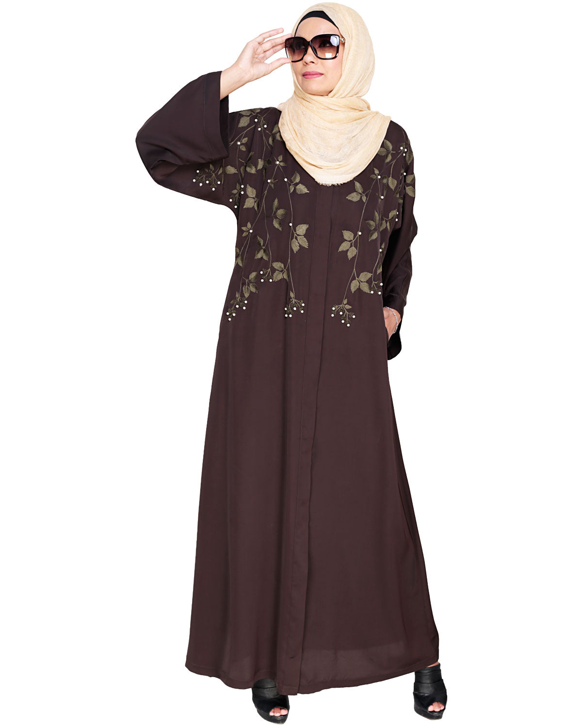 Pearl and Flora Embroidered Dubai Style Abaya Dark Brown