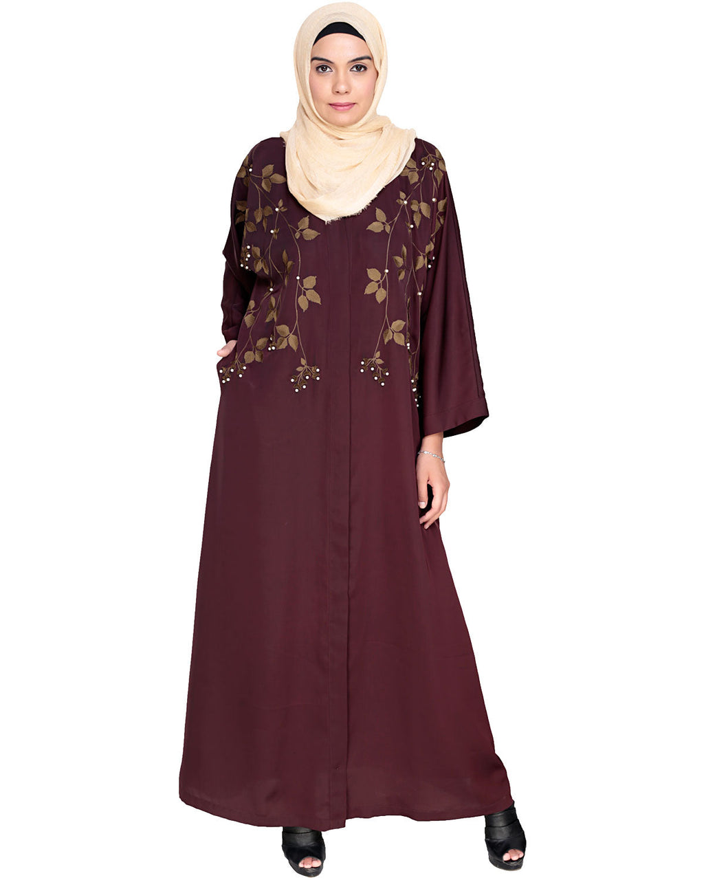 Pearl and Flora Embroidered Dubai Style Abaya Deep Wine
