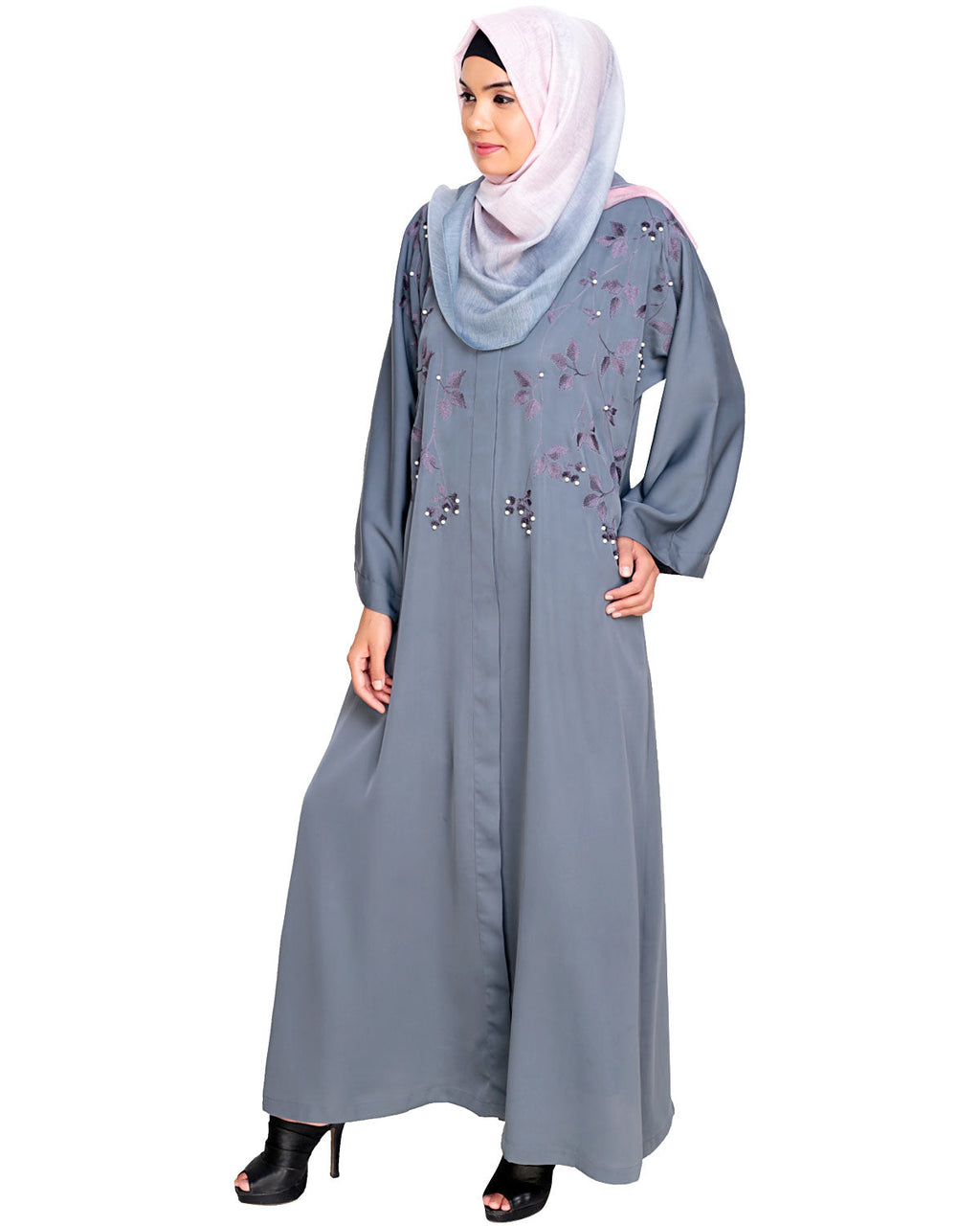 Pearl and Flora Embroidered Dubai Style Abaya Grey