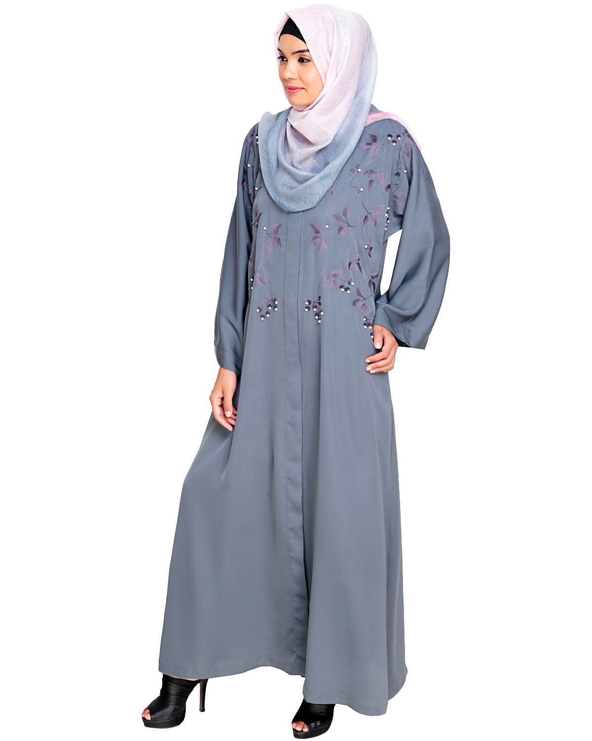 Pearl and Flora Embroidered Dubai Style Abaya Grey