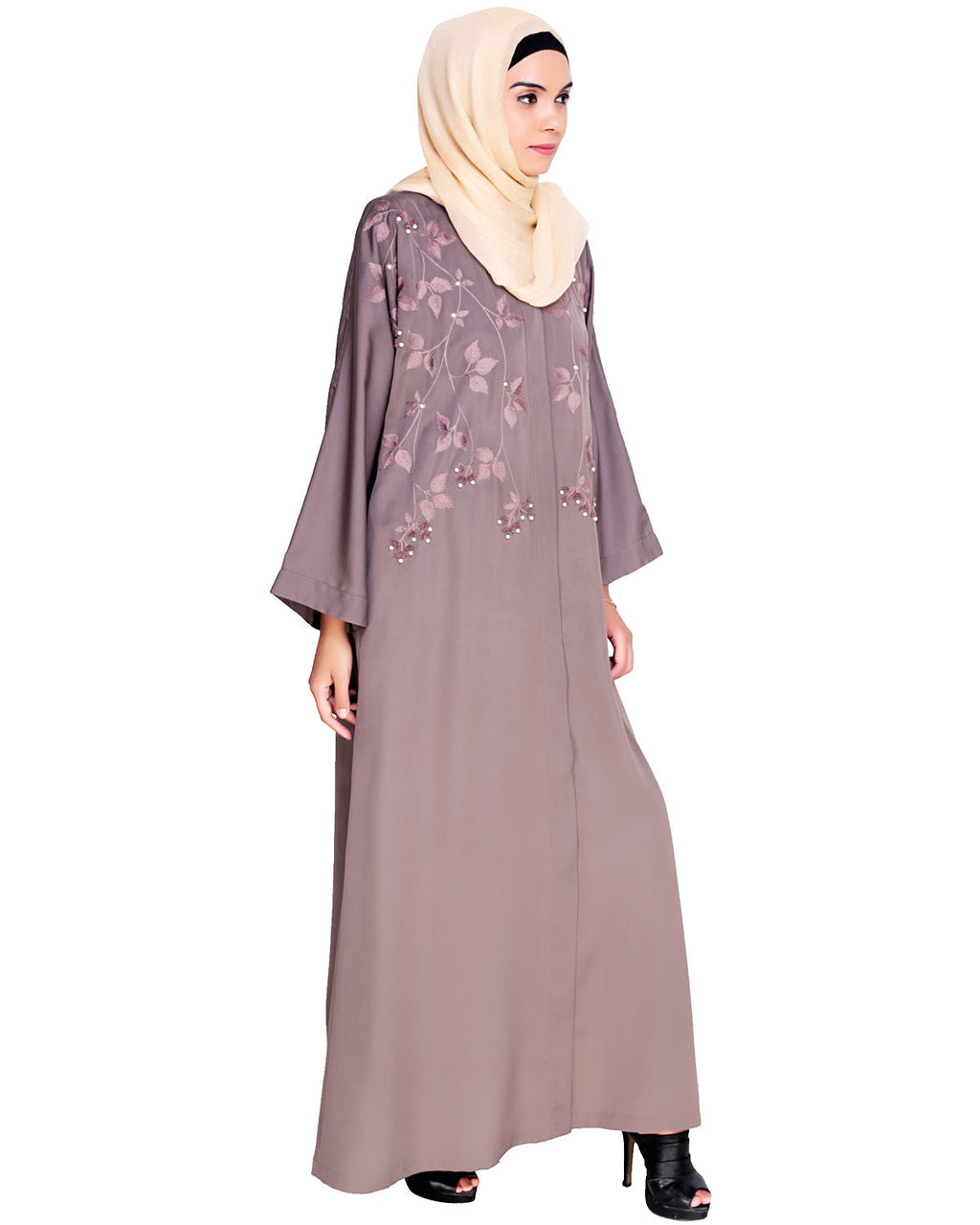 Pearl and Flora Embroidered Dubai Style Abaya Mud Brown