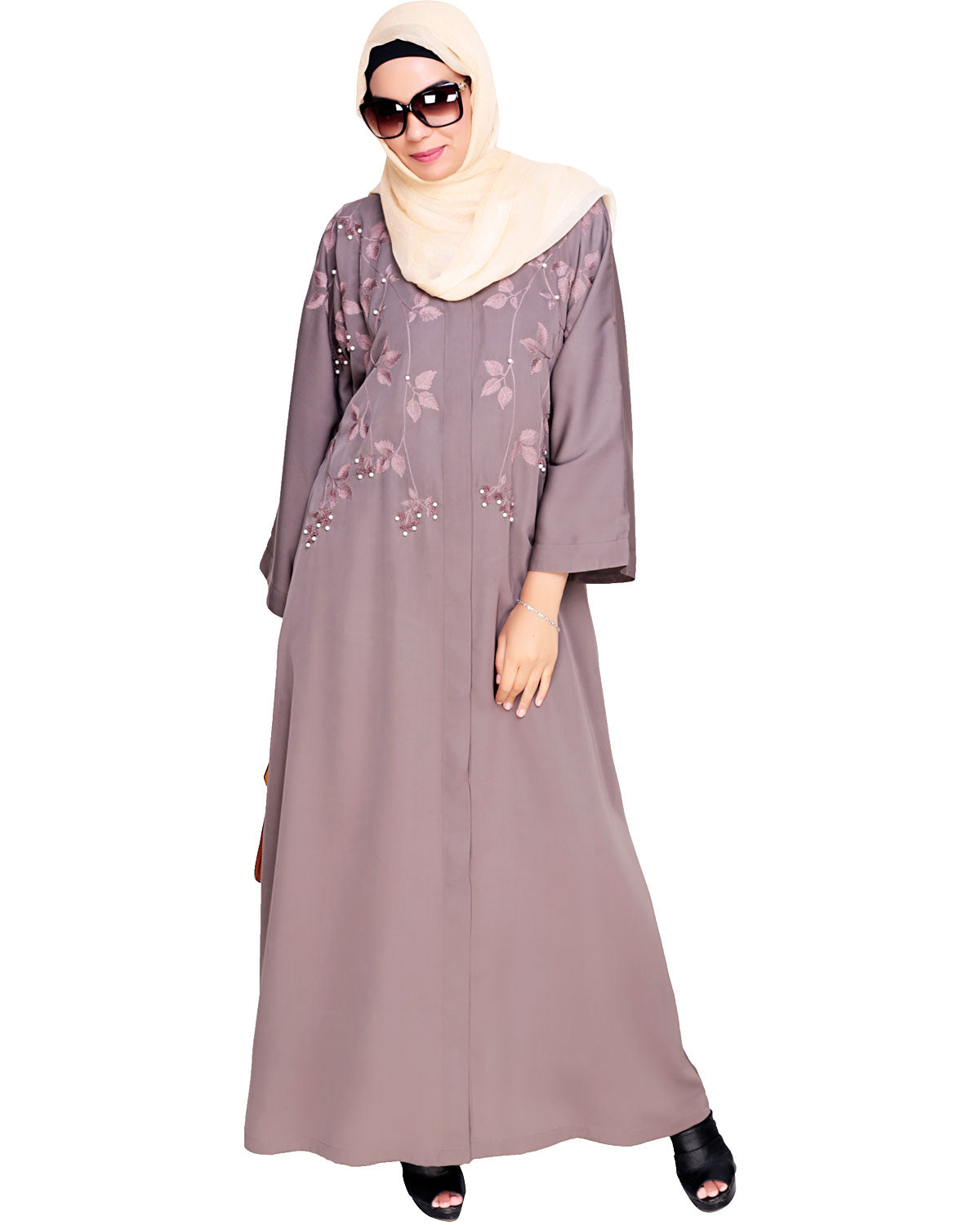 Pearl and Flora Embroidered Dubai Style Abaya Mud Brown