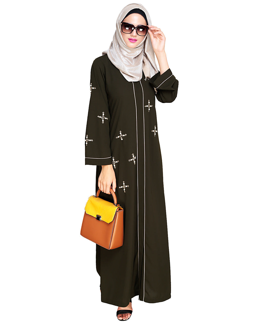Newfangled Pearl Embroidered Abaya Olive