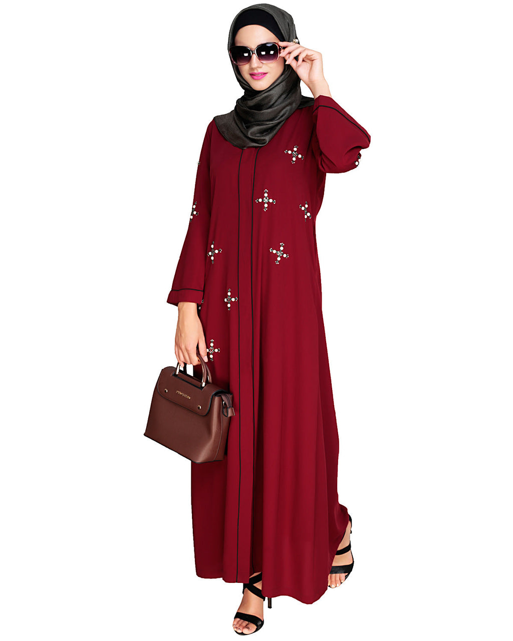 Newfangled Pearl Embroidered Abaya Wine