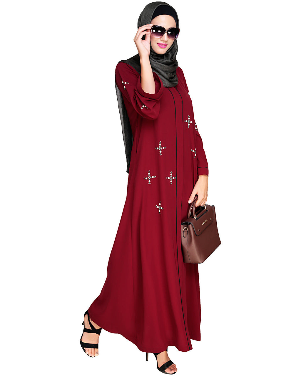 Newfangled Pearl Embroidered Abaya Wine