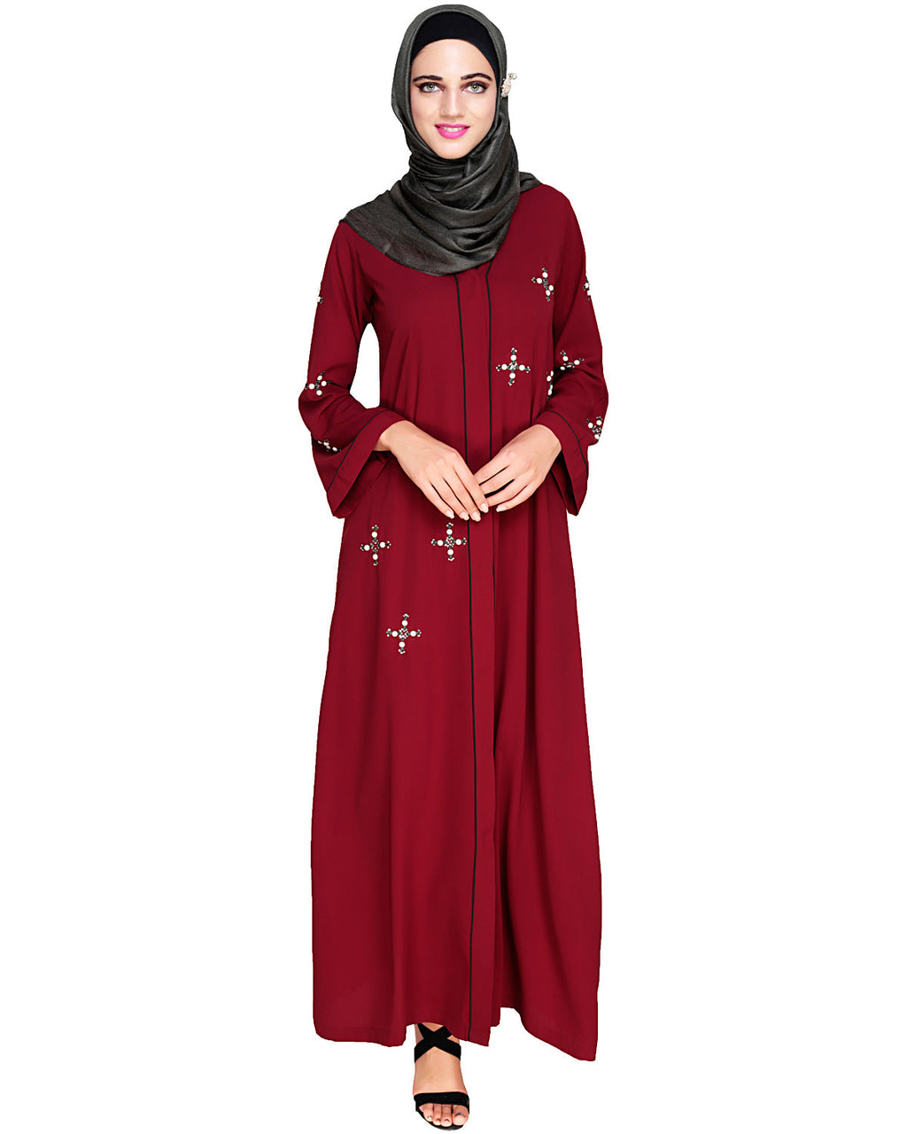 Newfangled Pearl Embroidered Abaya Wine