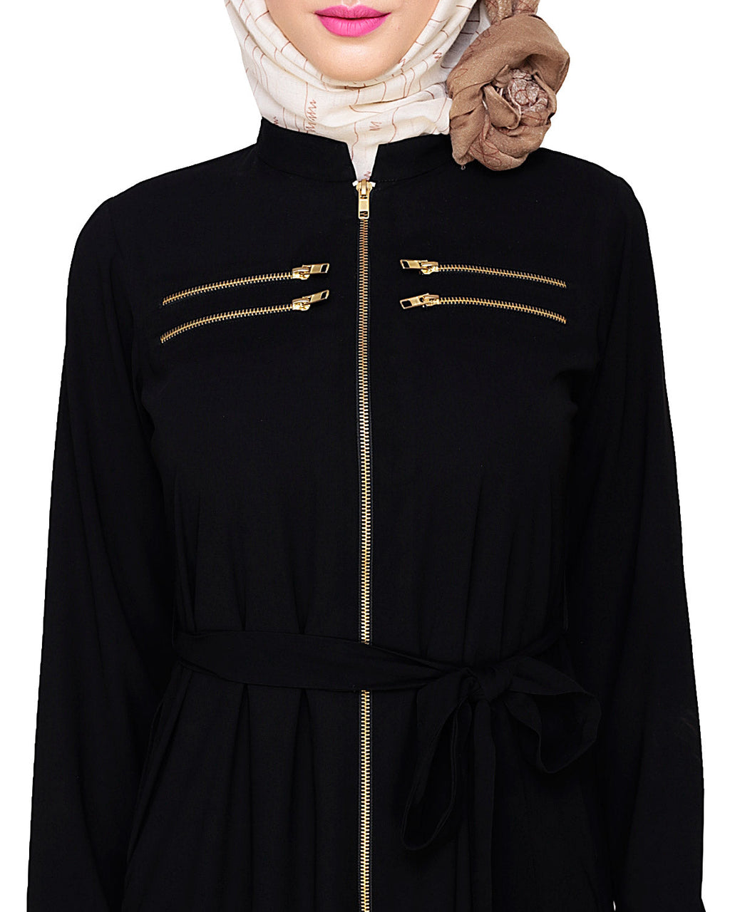 Metallic Sheen Front Zipper Abaya Black