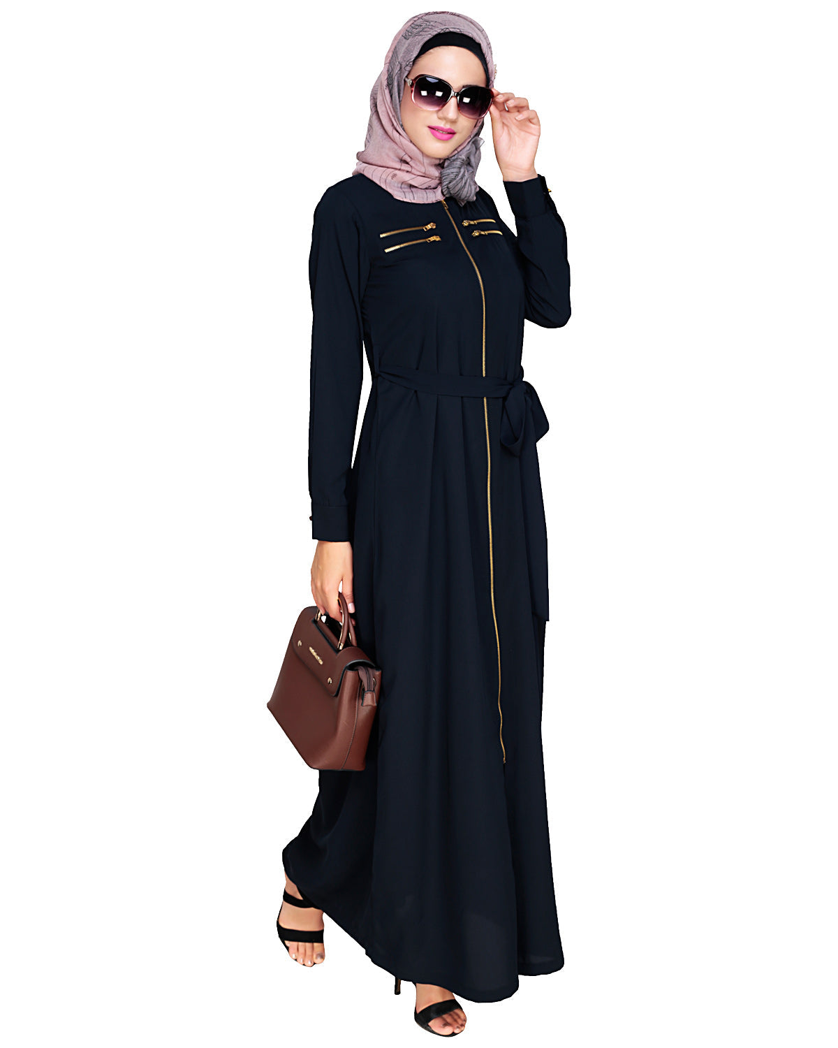 Metallic Sheen Front Zipper Abaya Blue