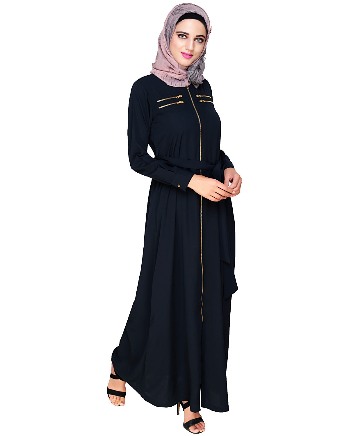 Metallic Sheen Front Zipper Abaya Blue