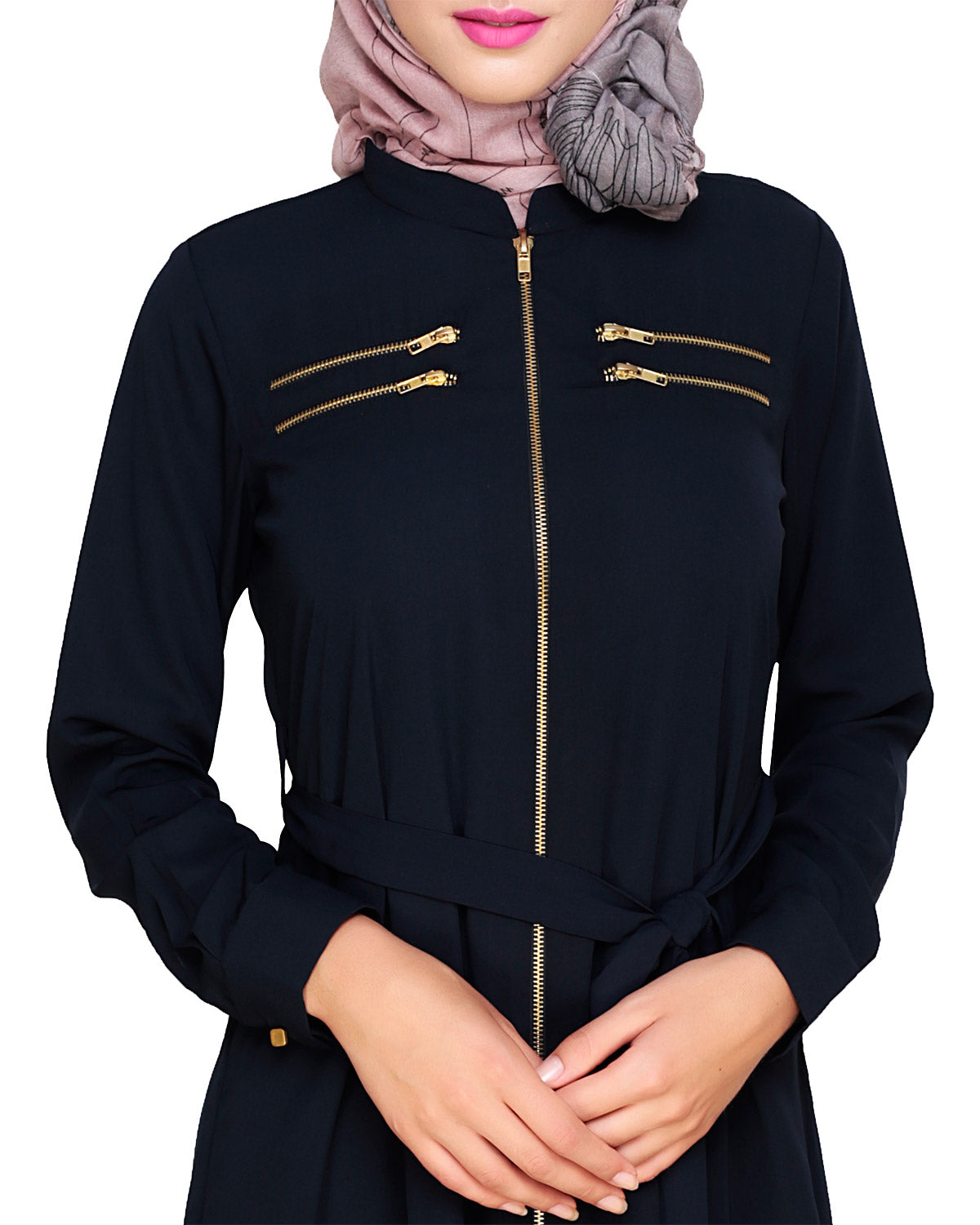 Metallic Sheen Front Zipper Abaya Blue