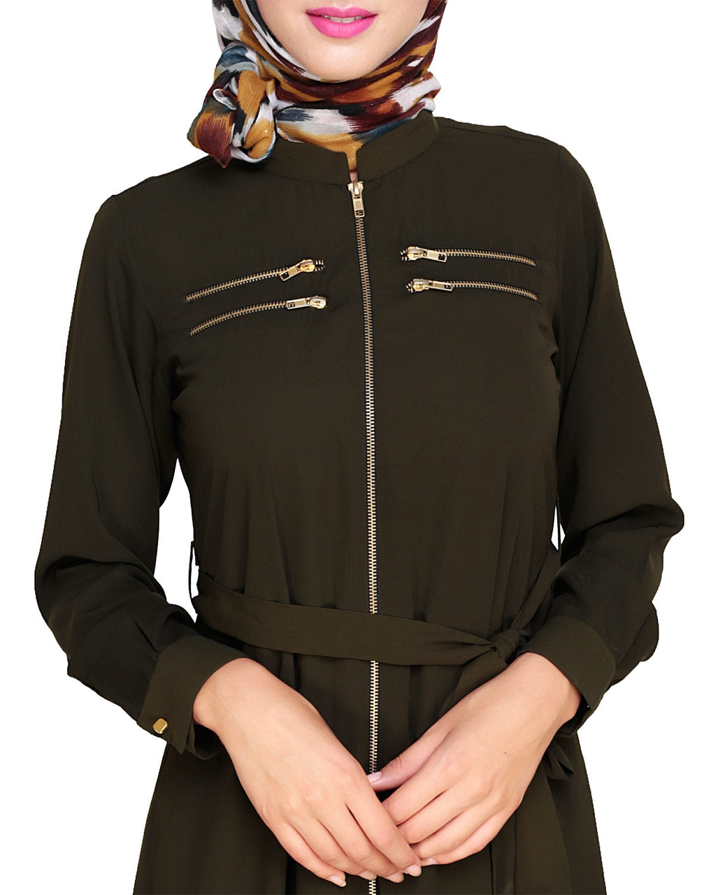 Metallic Sheen Front Zipper Abaya Olive