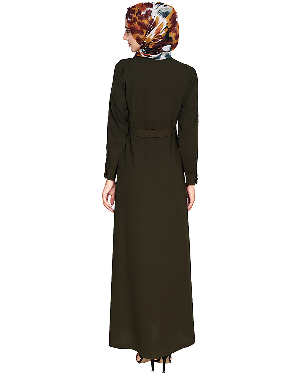 Metallic Sheen Front Zipper Abaya Olive