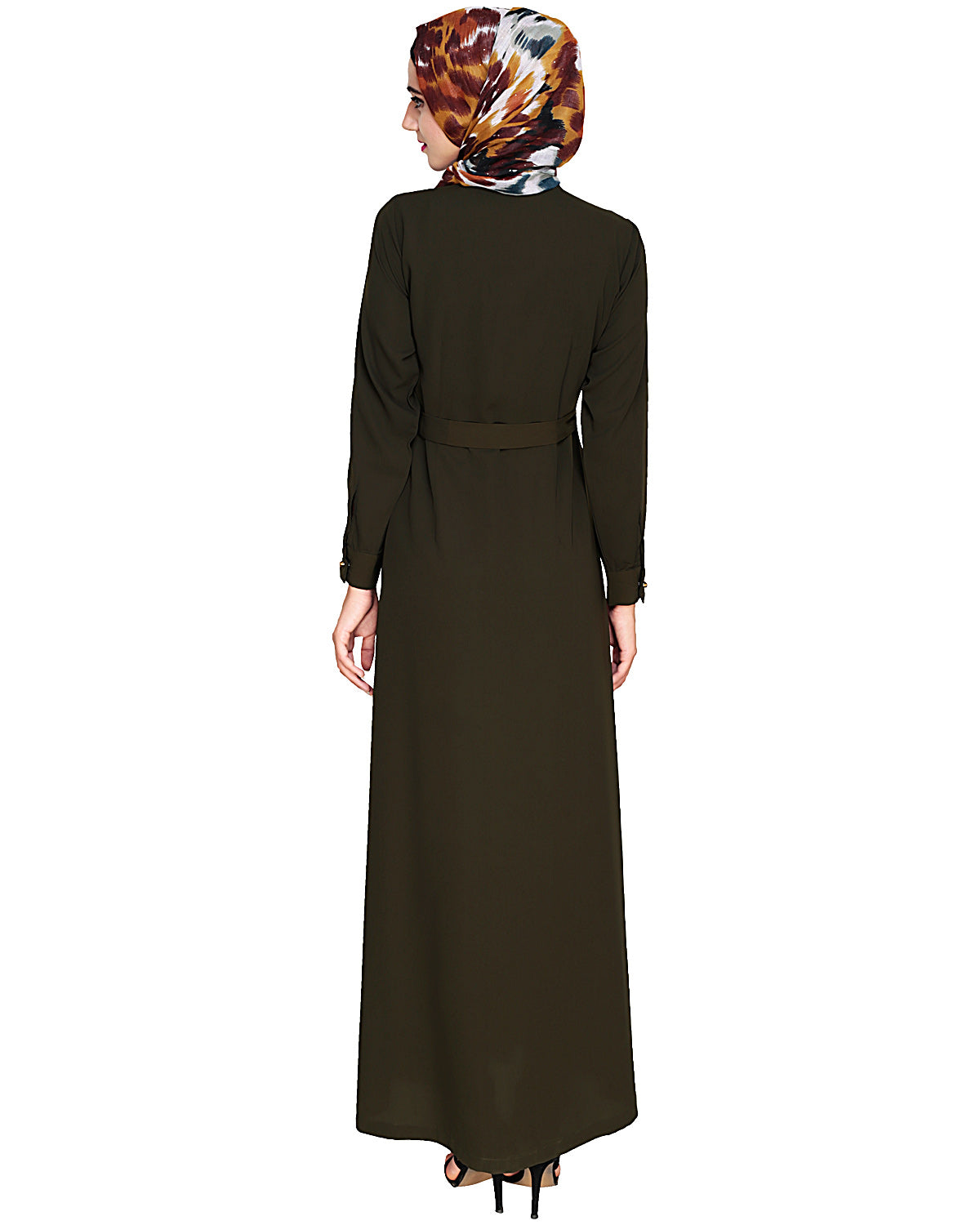 Metallic Sheen Front Zipper Abaya Olive