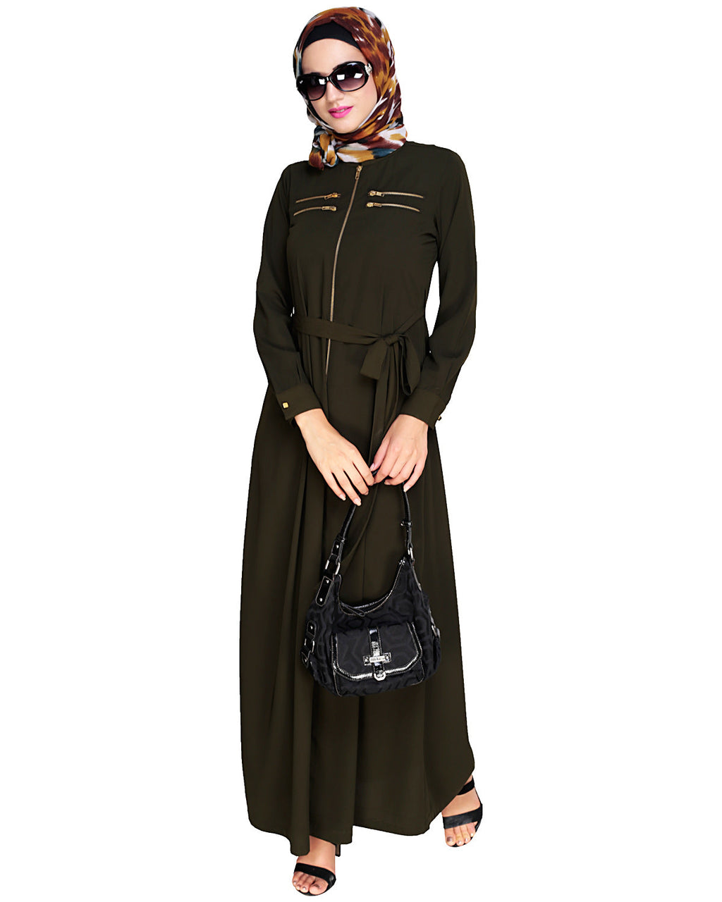 Metallic Sheen Front Zipper Abaya Olive