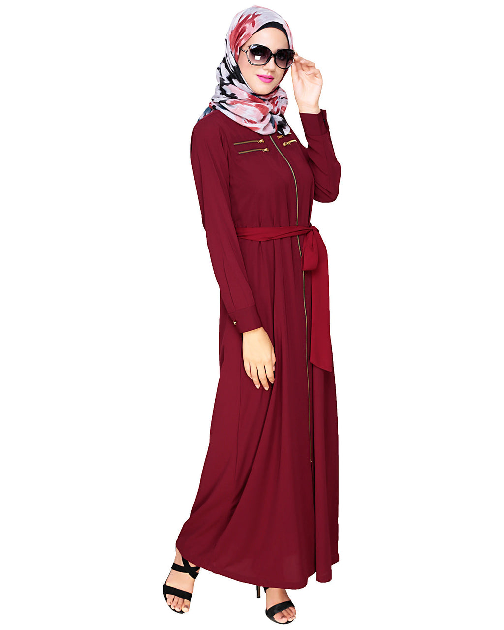 Metallic Sheen Front Zipper Abaya Wine