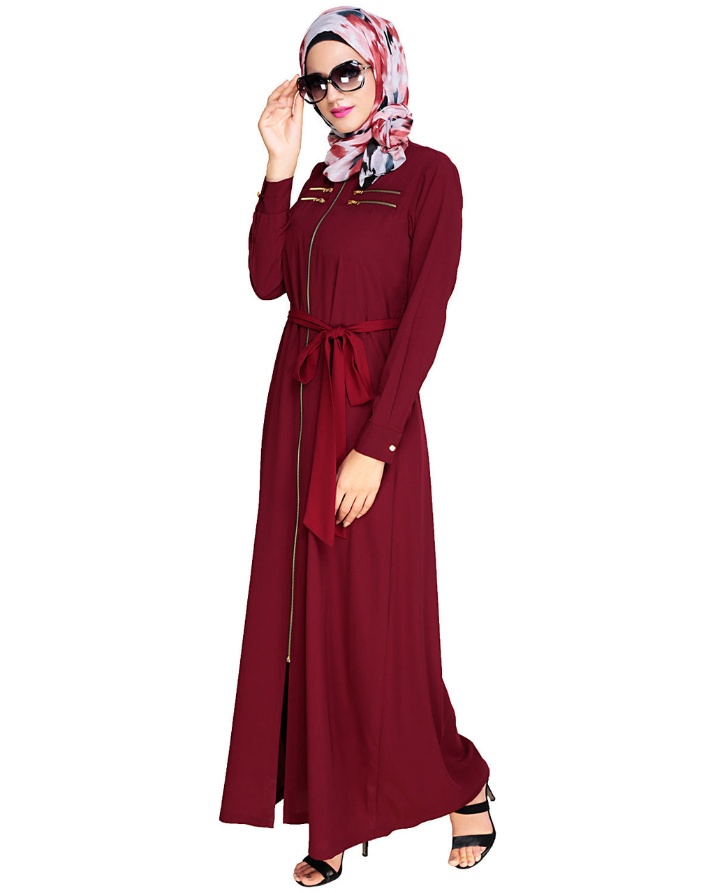 Metallic Sheen Front Zipper Abaya Wine