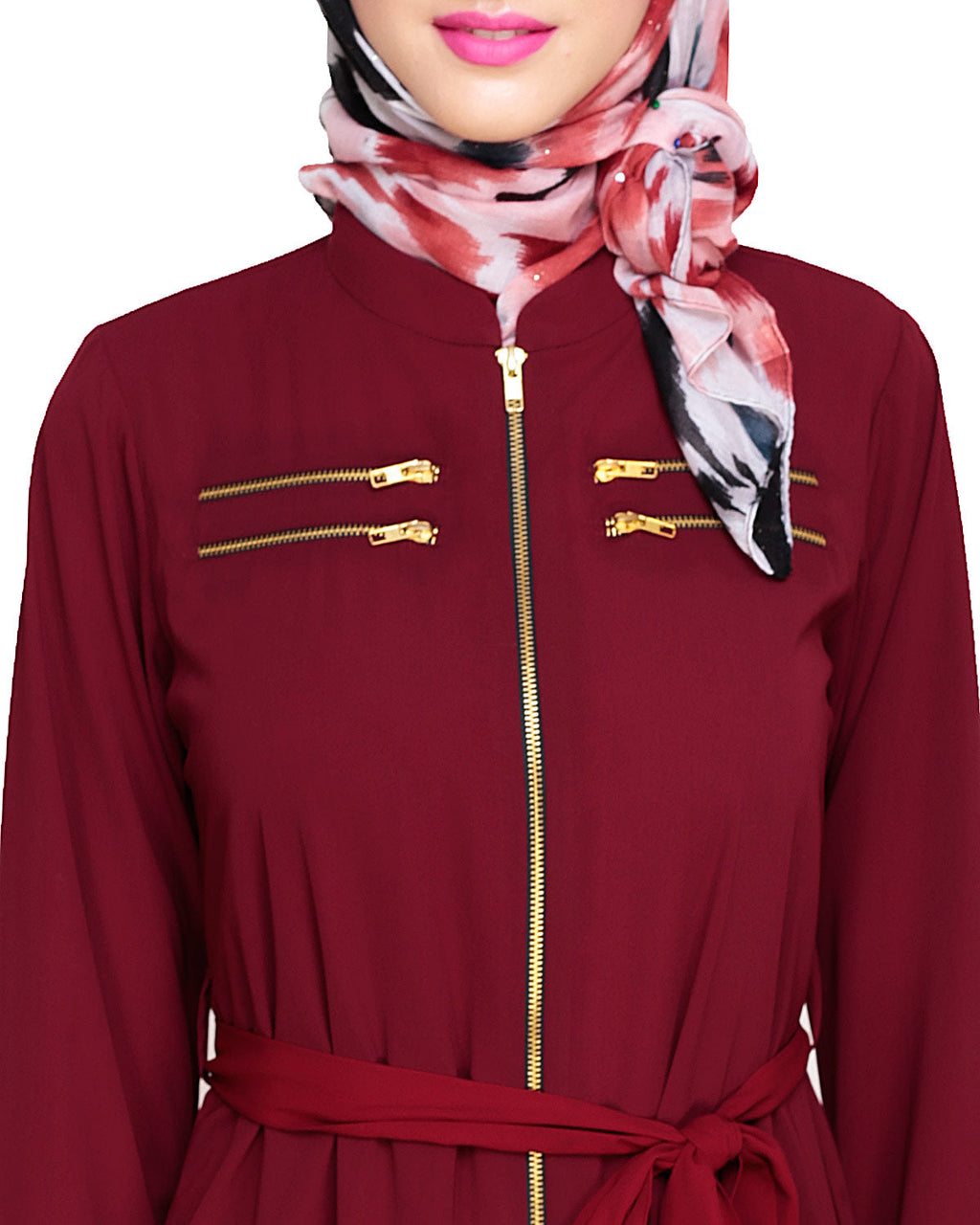 Metallic Sheen Front Zipper Abaya Wine