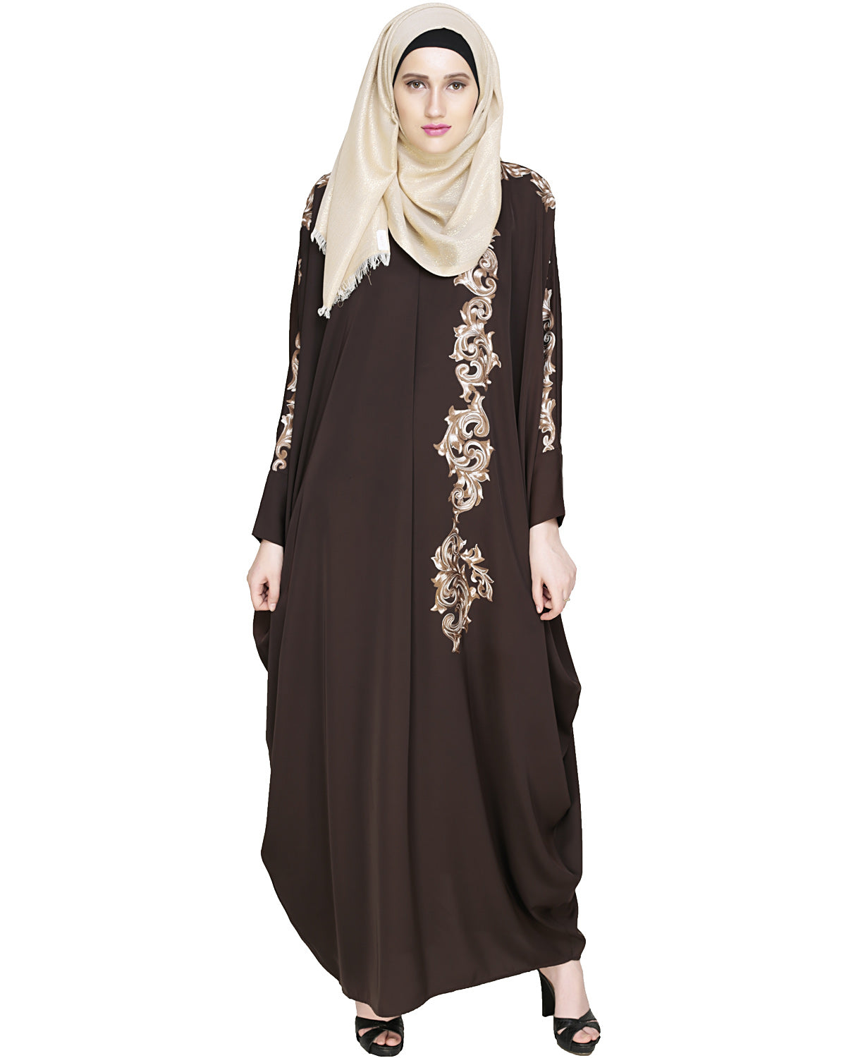 Dual Shade Floral Embroidered Beige Kaftan Wine