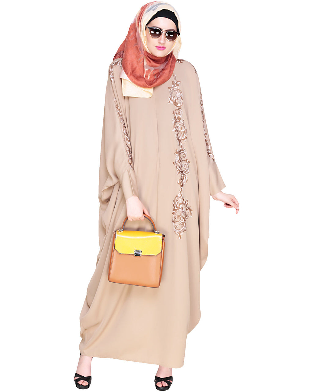 Dual Shade Floral Embroidered Beige Kaftan Wine